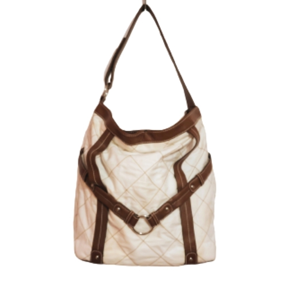 Realities Faux Leather Quilted Tote Shoulder Bag Beige Brown